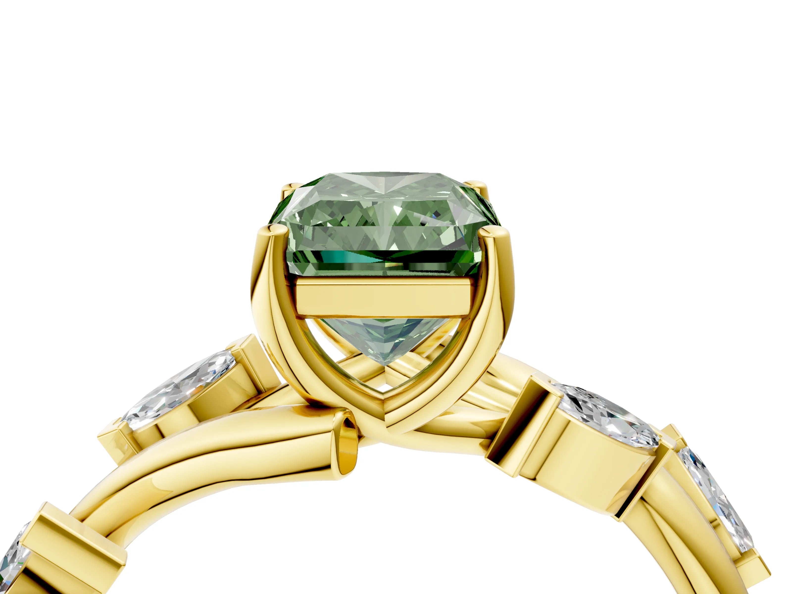 Yellow gold Fancy Green Radiant Cut Solitaire Twisted Band Marquise Accent Prong Setting Ring_4