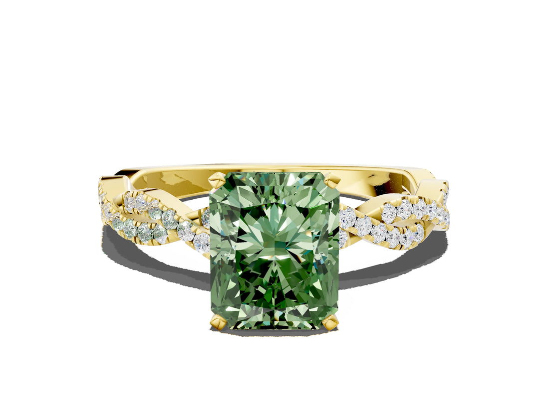 Yellow gold Fancy Green Radiant Cut Solitaire Twisted Pave Band with Four-Prong Setting_3