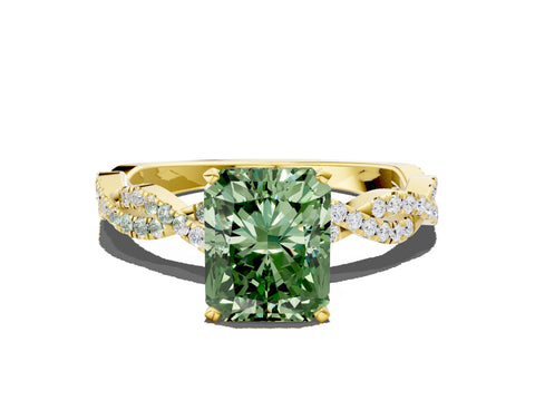 Yellow gold Fancy Green Radiant Cut Solitaire Twisted Pave Band with Four-Prong Setting_3