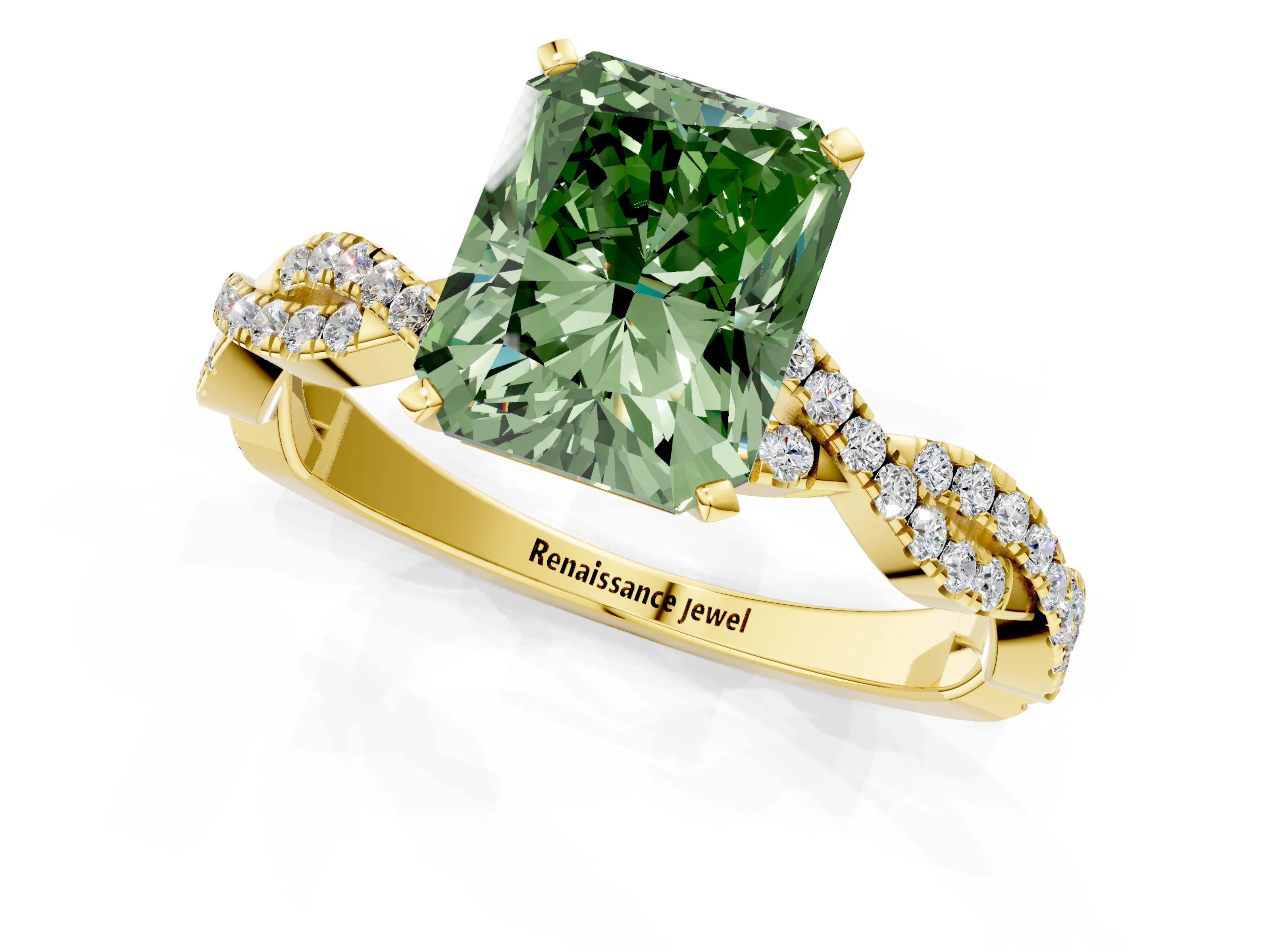 Yellow gold Fancy Green Radiant Cut Solitaire Twisted Pave Band with Four-Prong Setting_4