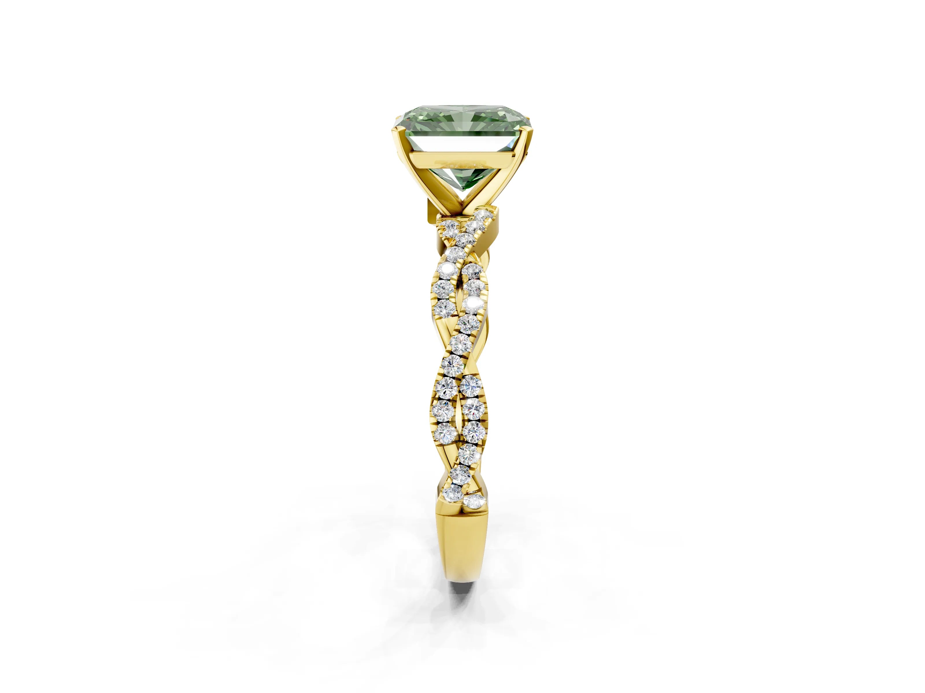 Yellow gold Fancy Green Radiant Cut Solitaire Twisted Pave Band with Four-Prong Setting_5