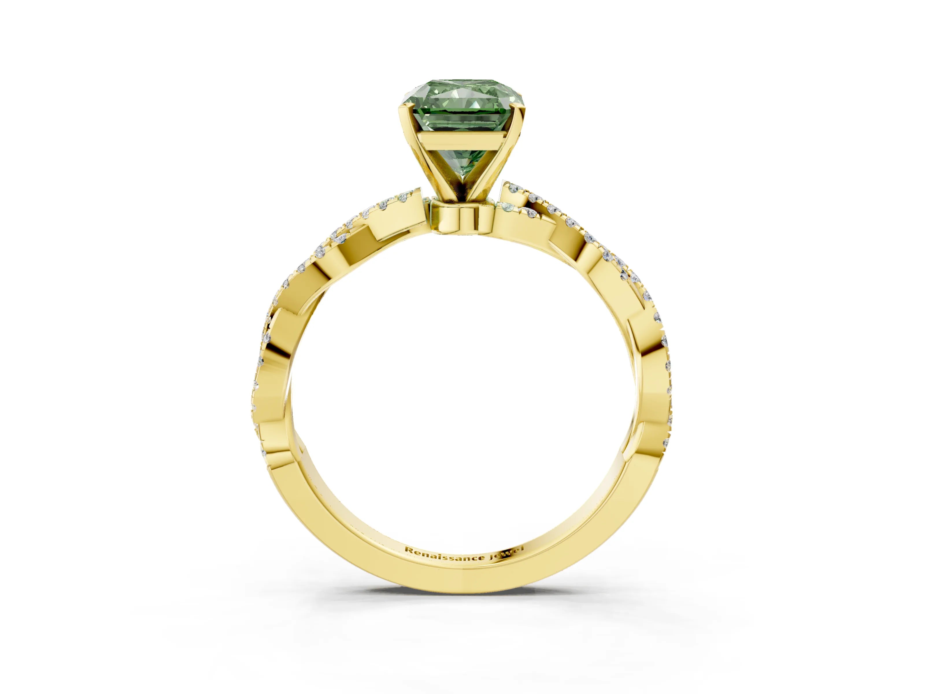 Yellow gold Fancy Green Radiant Cut Solitaire Twisted Pave Band with Four-Prong Setting_6