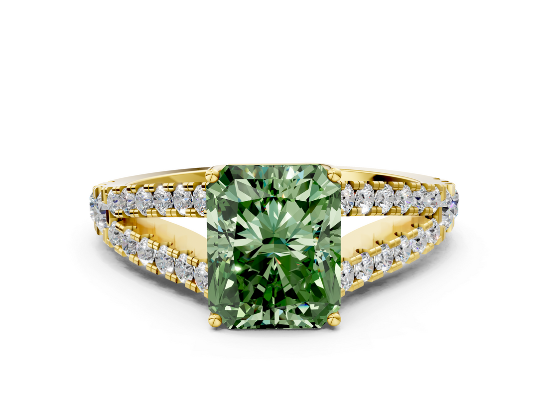 Yellow gold Fancy Green Radiant  Cut Split Shank Pave Diamond Engagement Ring with Four-Prong Setting_24