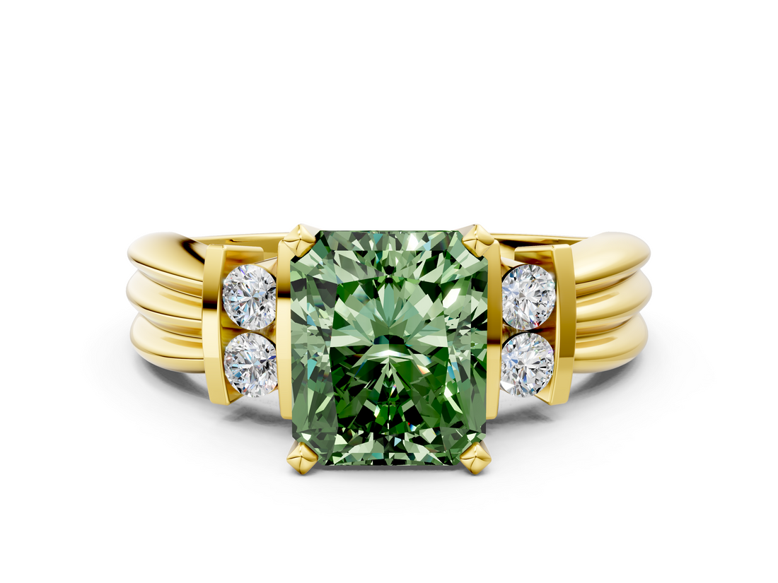 Yellow gold Fancy Green Radiant  Cut Three-Stone Channel Set Ring with Bar Prongs_62