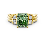 Yellow gold Fancy Green Radiant  Cut Three-Stone Channel Set Ring with Bar Prongs_62