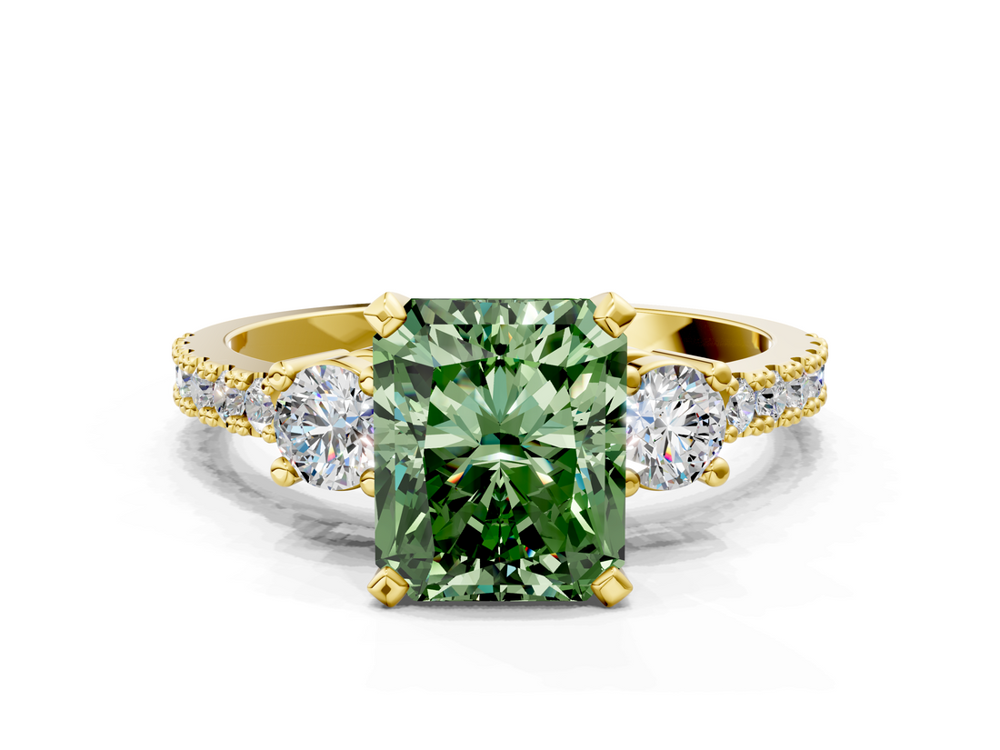 Yellow gold Fancy Green Radiant  Cut Three-Stone Diamond Pavé Band with Prong Setting_17