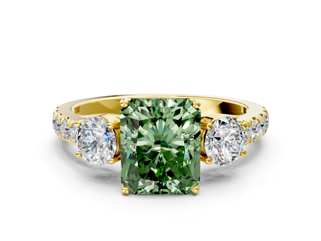 Yellow gold Fancy Green Radiant  Cut Three-Stone Diamond Pave Band with Prong Setting_37