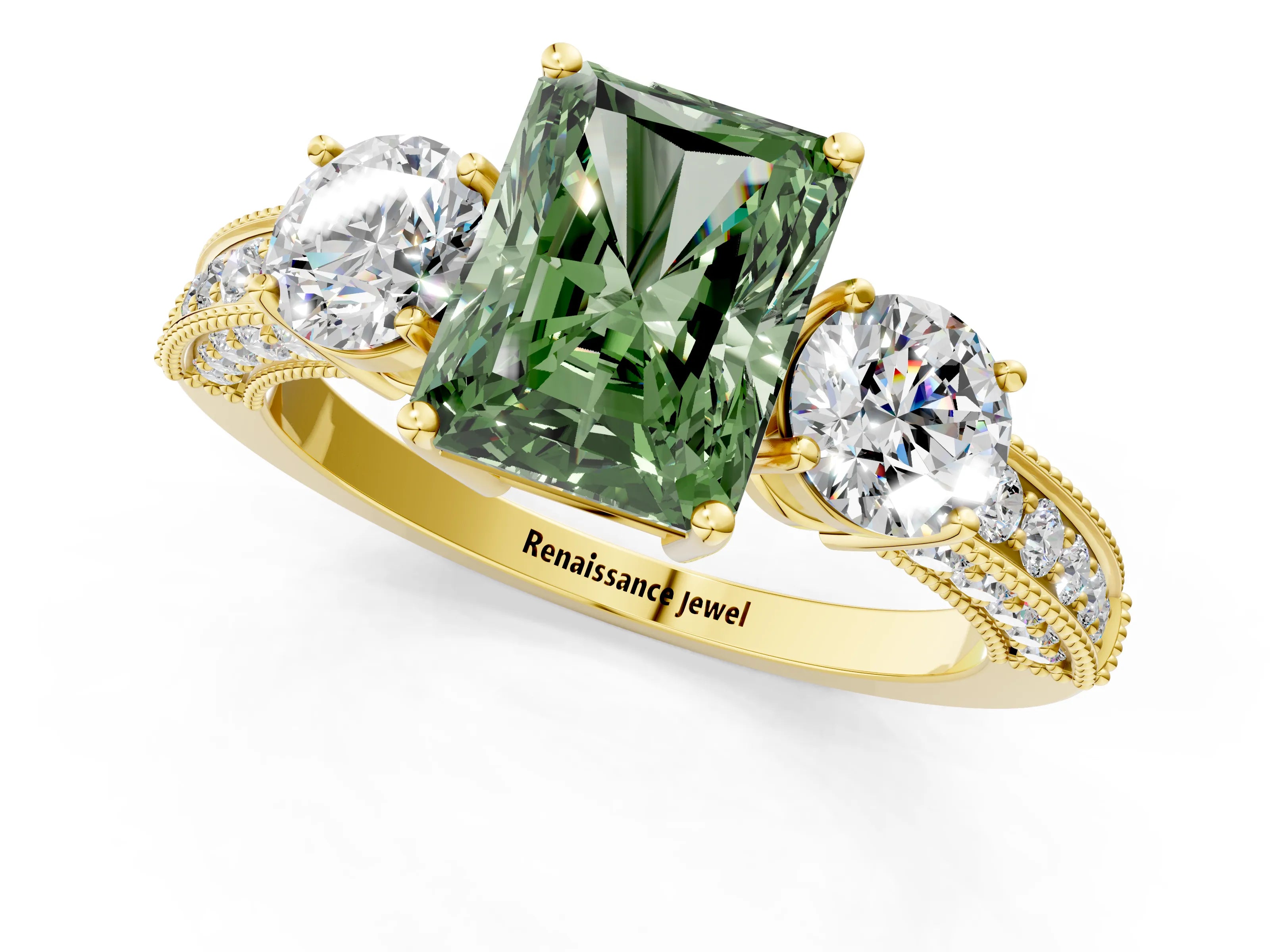 Yellow gold Fancy Green Radiant Cut Three-Stone Diamond Ring with Pavé Band and Four-Prong Setting_1