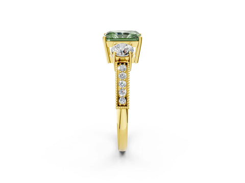 Yellow gold Fancy Green Radiant Cut Three-Stone Diamond Ring with Pavé Band and Four-Prong Setting_2