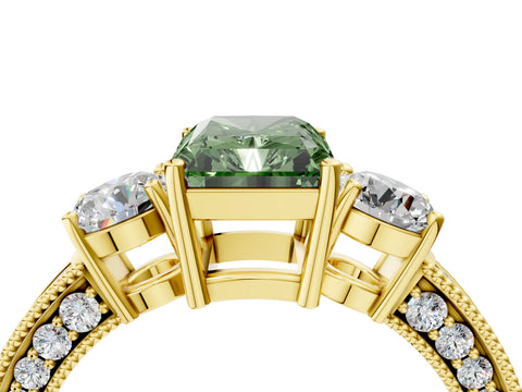 Yellow gold Fancy Green Radiant Cut Three-Stone Diamond Ring with Pavé Band and Four-Prong Setting_4