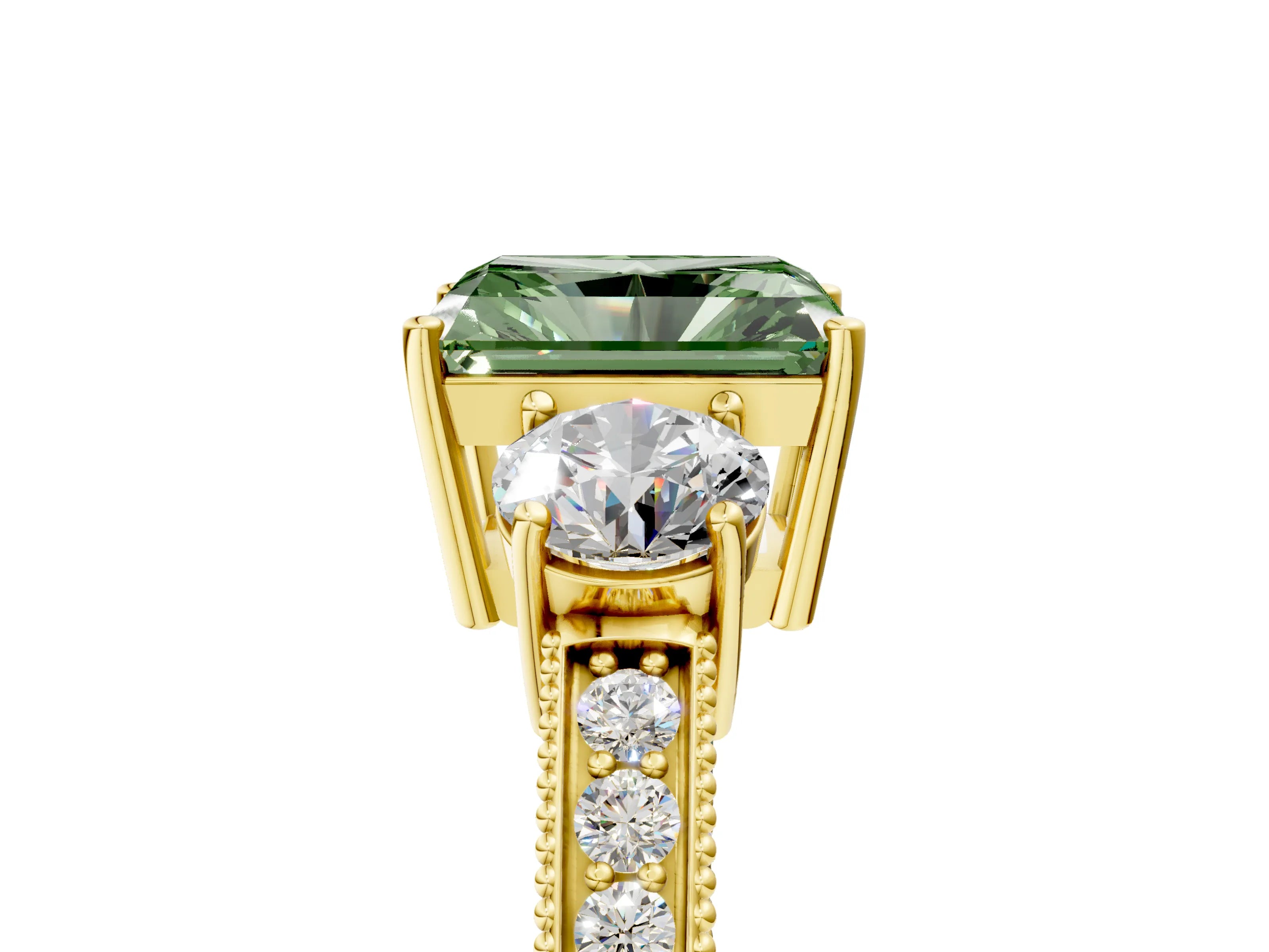 Yellow gold Fancy Green Radiant Cut Three-Stone Diamond Ring with Pavé Band and Four-Prong Setting_5