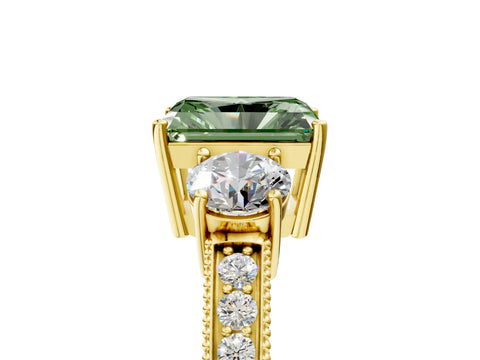 Yellow gold Fancy Green Radiant Cut Three-Stone Diamond Ring with Pavé Band and Four-Prong Setting_5