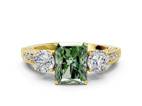 Yellow gold Fancy Green Radiant Cut Three-Stone Diamond Ring with Pavé Band and Four-Prong Setting