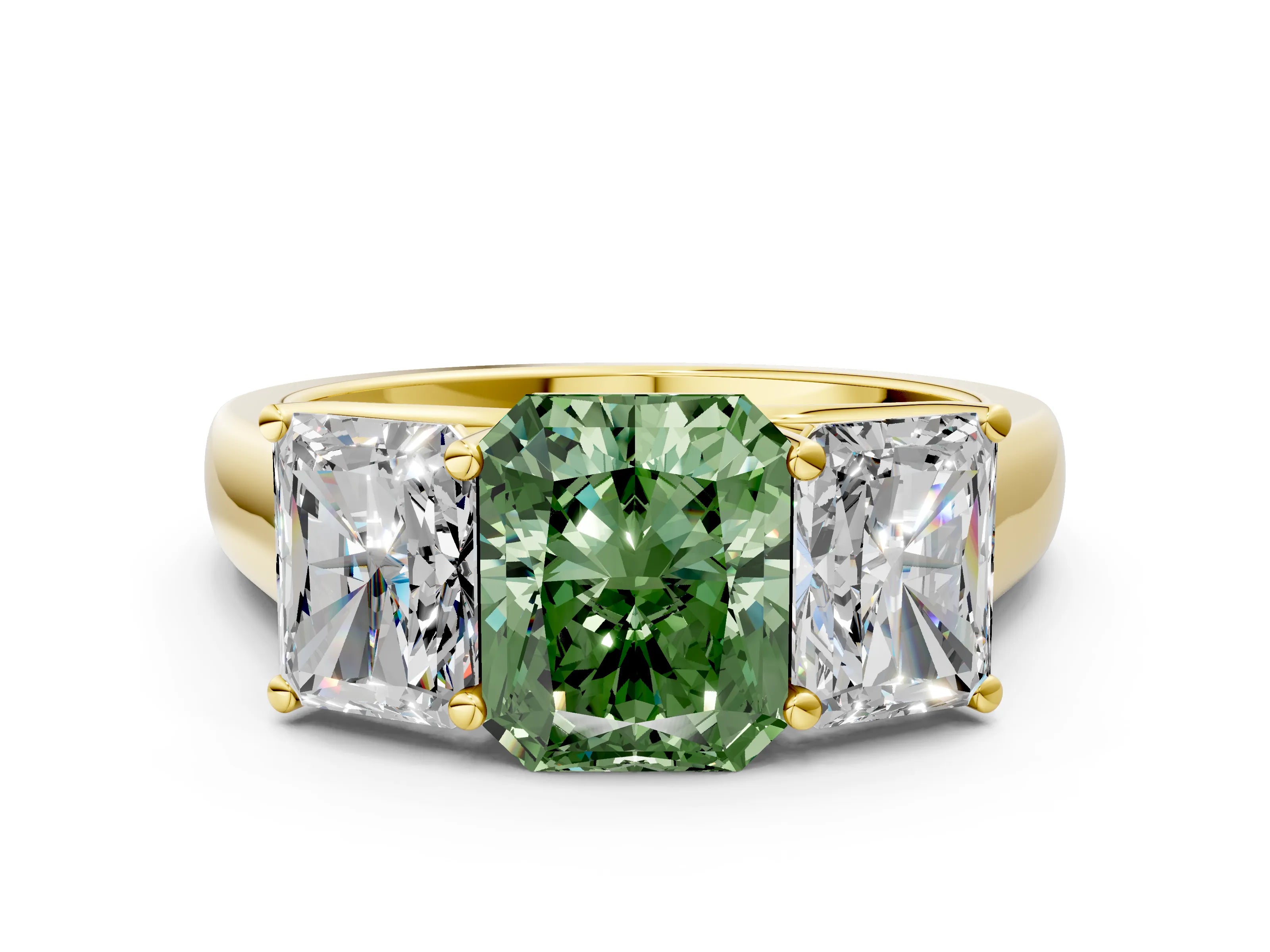 Yellow gold Fancy Green Radiant Cut Three-Stone Diamond Ring with Prong Setting on a Classic Band
