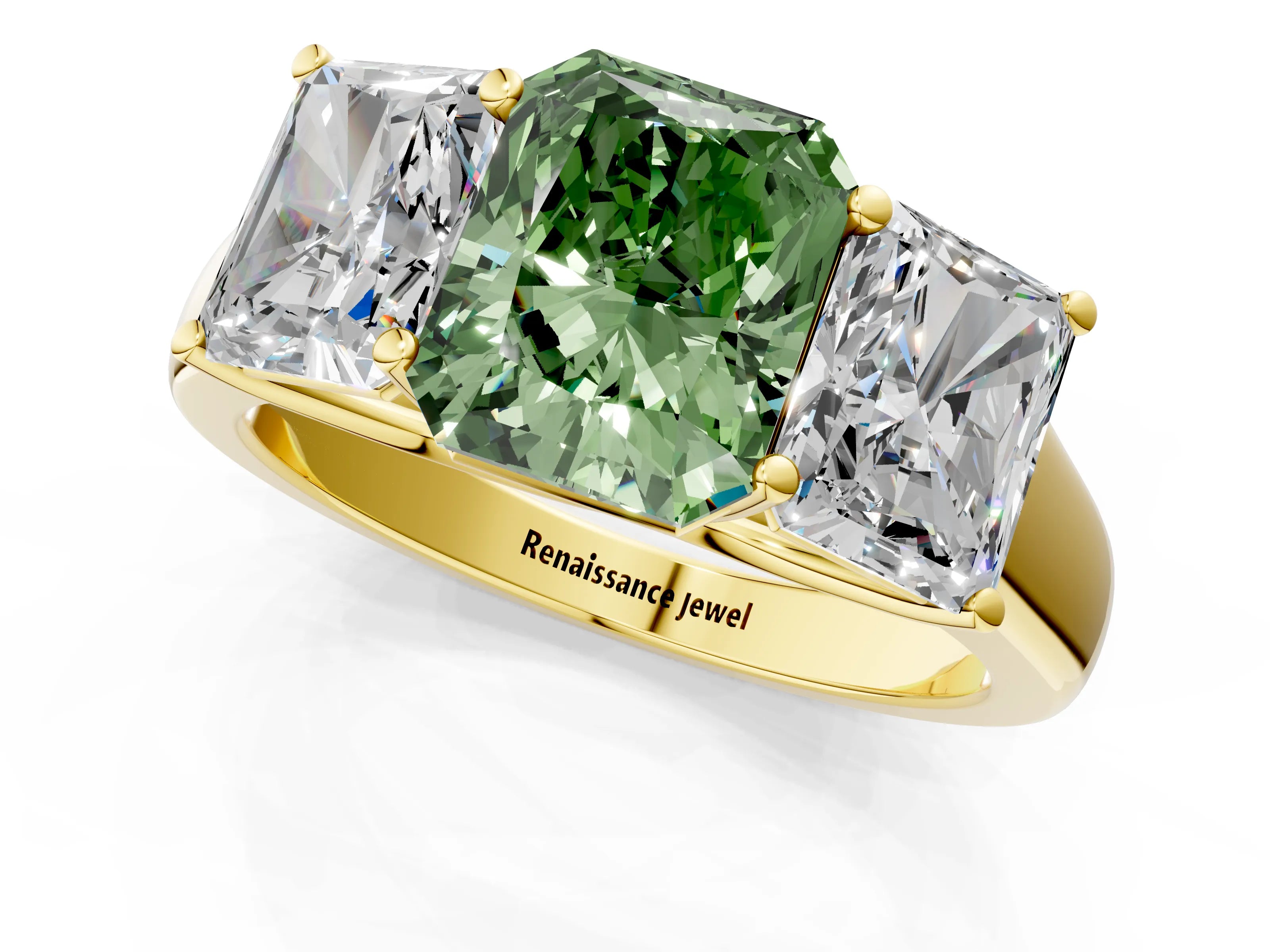 Yellow gold Fancy Green Radiant Cut Three-Stone Diamond Ring with Prong Setting on a Classic Band_1