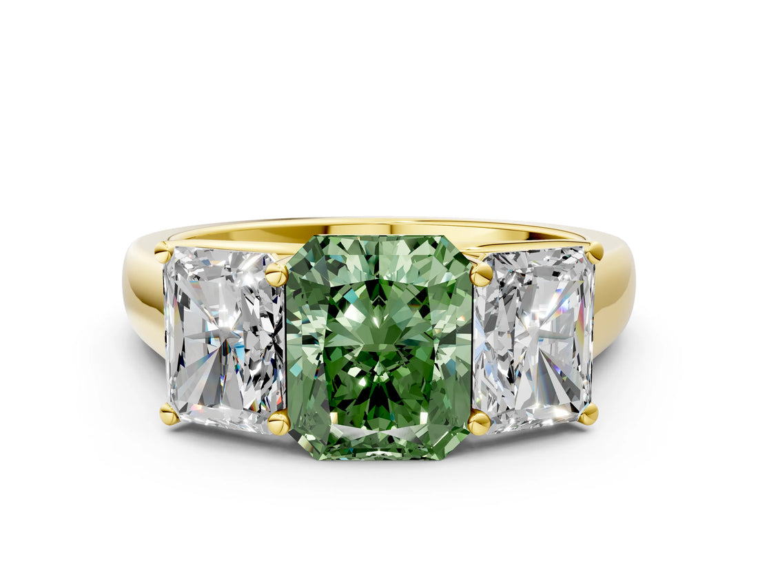 Yellow gold Fancy Green Radiant Cut Three-Stone Diamond Ring with Prong Setting on a Classic Band_12