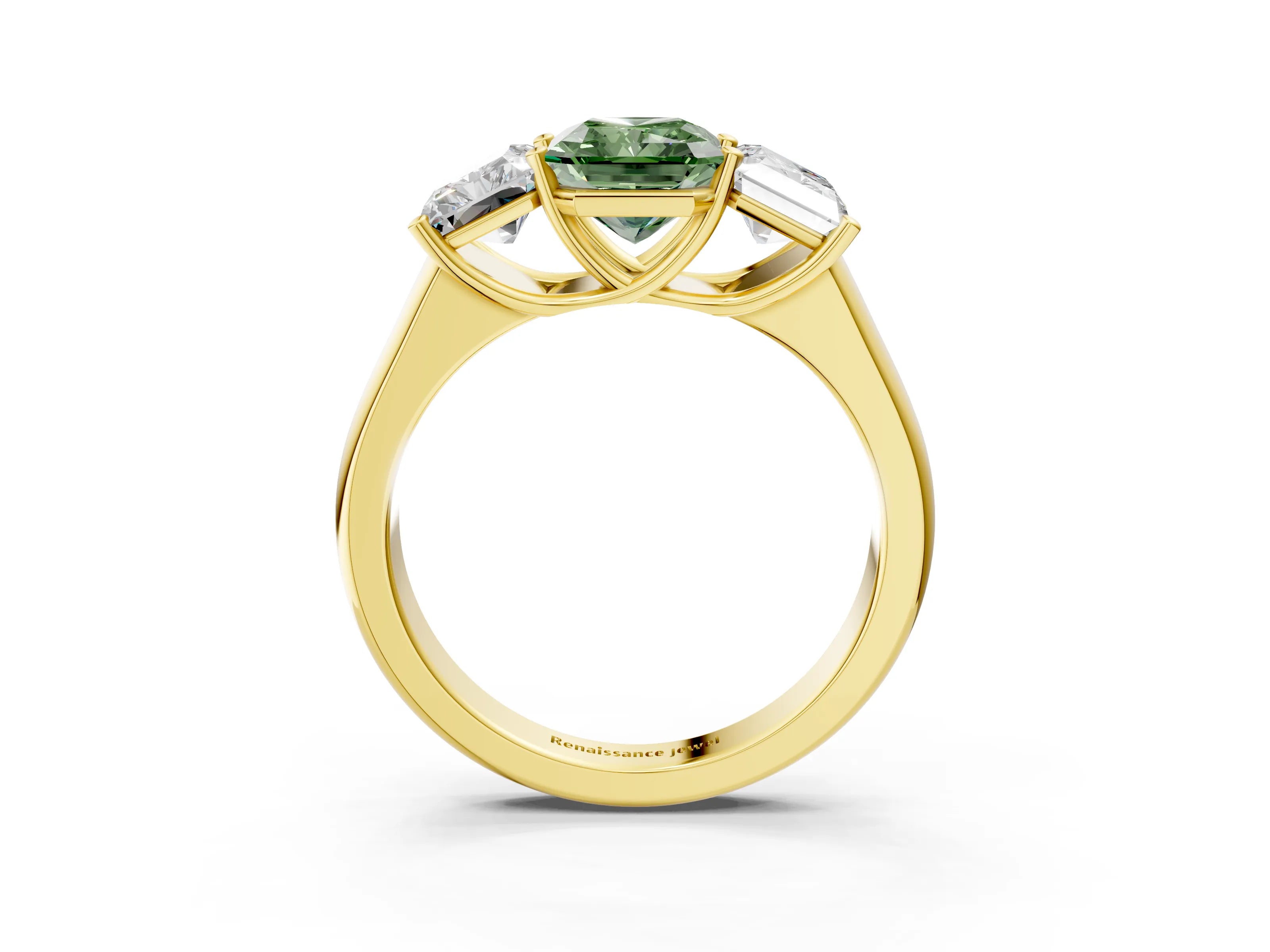 Yellow gold Fancy Green Radiant Cut Three-Stone Diamond Ring with Prong Setting on a Classic Band_3