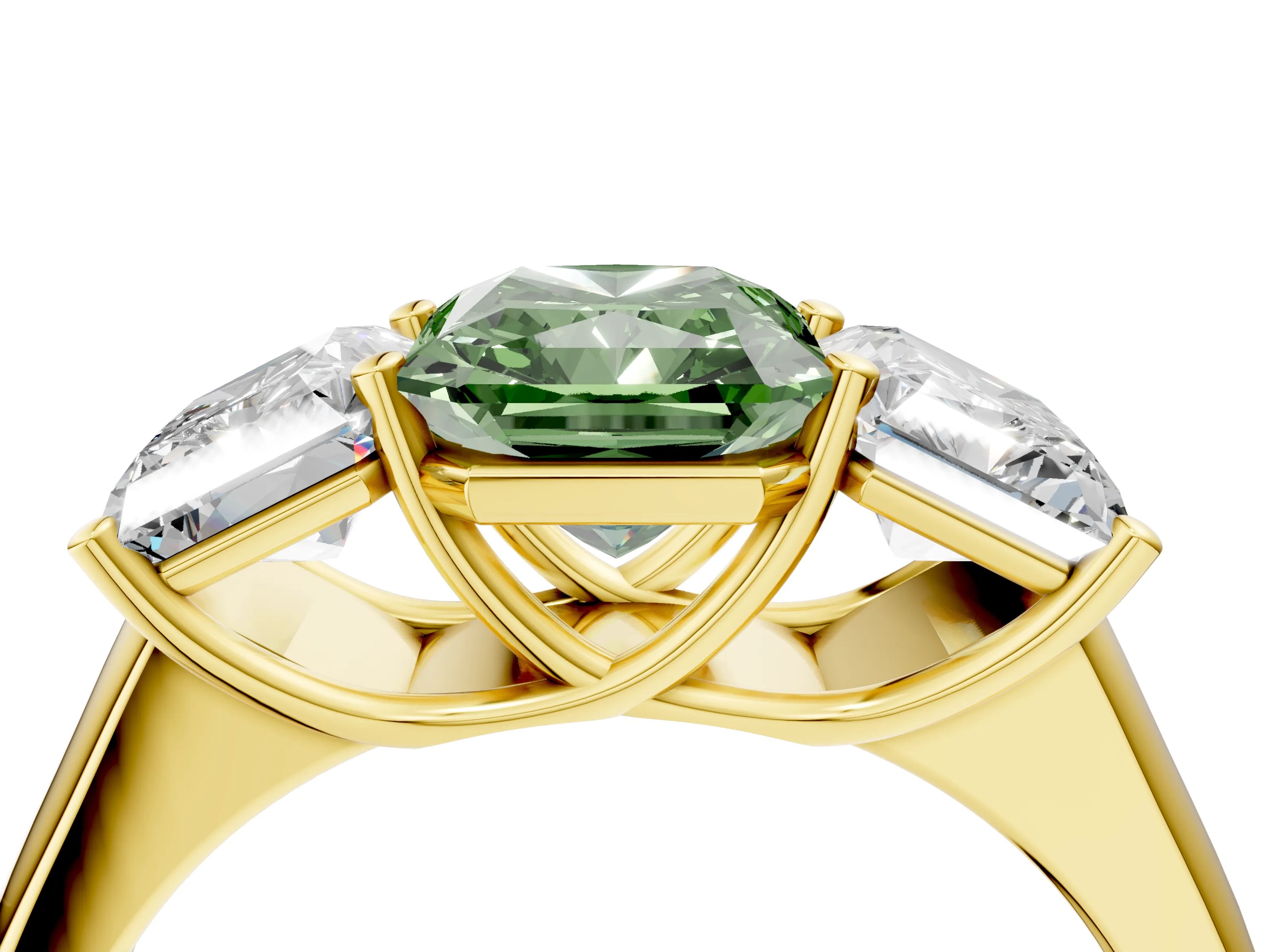 Yellow gold Fancy Green Radiant Cut Three-Stone Diamond Ring with Prong Setting on a Classic Band_4