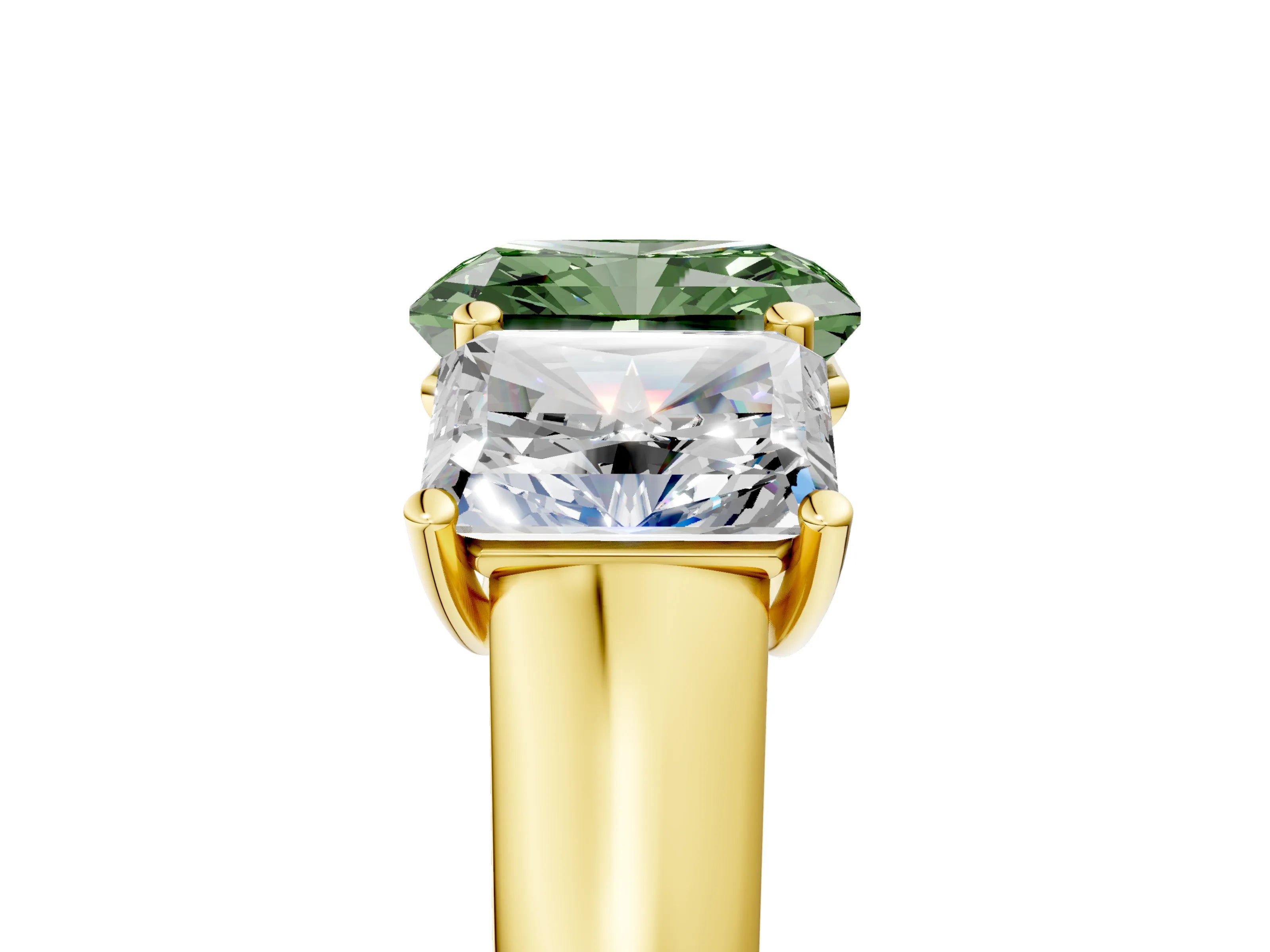 Yellow gold Fancy Green Radiant Cut Three-Stone Diamond Ring with Prong Setting on a Classic Band_5
