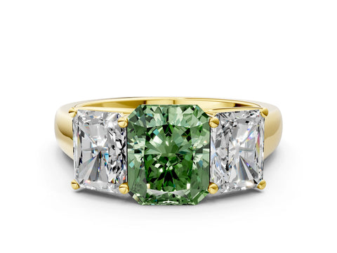 Yellow gold Fancy Green Radiant Cut Three-Stone Diamond Ring with Prong Setting on a Classic Band