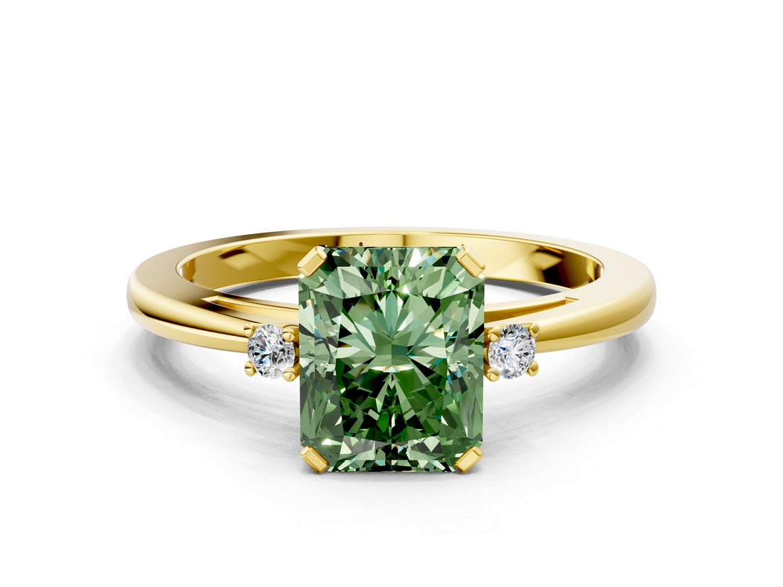 Yellow gold Fancy Green Radiant  Cut Three-Stone Solitaire Ring with Round Accent Diamonds and Four-Prong Setting_20