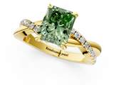 Yellow gold Fancy Green Radiant  Cut Twist Band Solitaire Diamond Ring with Pavé Setting_4