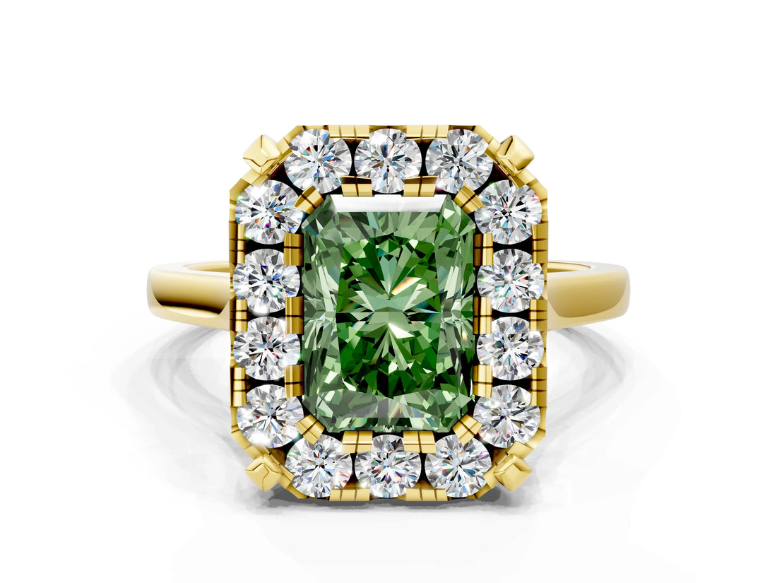 Yellow gold Fancy Green Radiant  Diamond Cluster Halo Solitaire with Four-Prong Setting_76