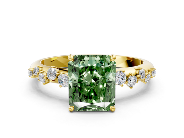 Yellow gold Fancy Green Radiant  Diamond Cluster Prong-Set Solitaire Ring