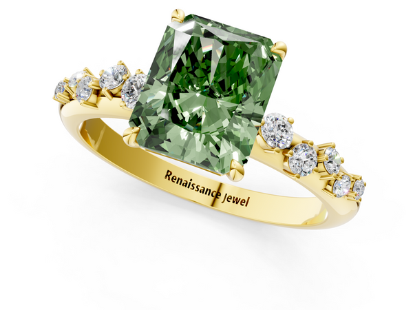 Yellow gold Fancy Green Radiant  Diamond Cluster Prong-Set Solitaire Ring