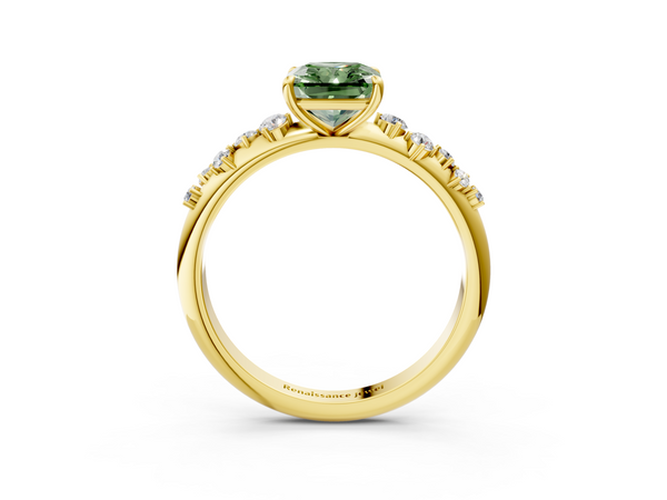 Yellow gold Fancy Green Radiant  Diamond Cluster Prong-Set Solitaire Ring