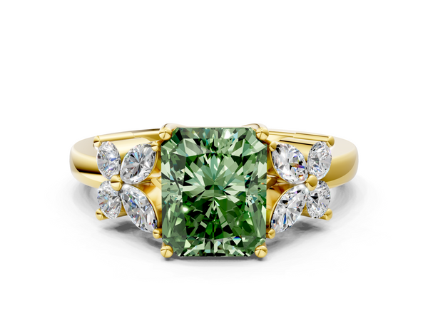 Yellow gold Fancy Green Radiant  Diamond Floral Cluster Ring with Solitaire Band and Prong Setting