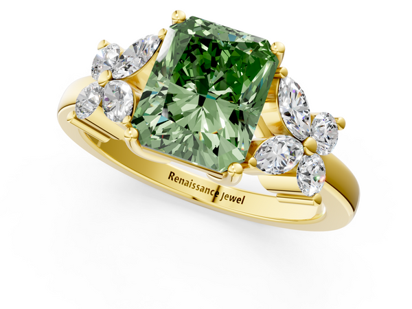 Yellow gold Fancy Green Radiant  Diamond Floral Cluster Ring with Solitaire Band and Prong Setting