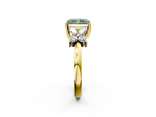 Yellow gold Fancy Green Radiant  Diamond Floral Cluster Ring with Solitaire Band and Prong Setting