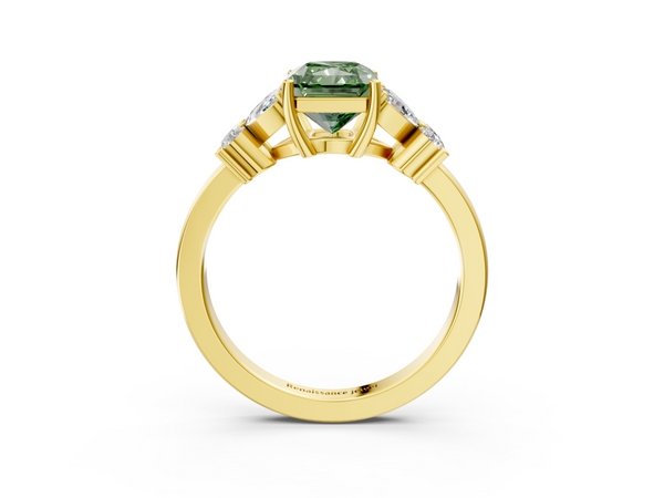 Yellow gold Fancy Green Radiant  Diamond Floral Cluster Ring with Solitaire Band and Prong Setting