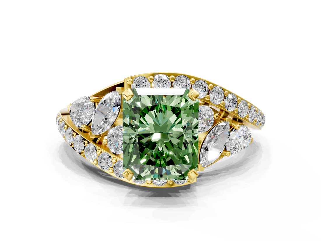 Yellow gold Fancy Green Radiant  Diamond Halo Ring with Marquise and Pavé Band in Prong Setting_73