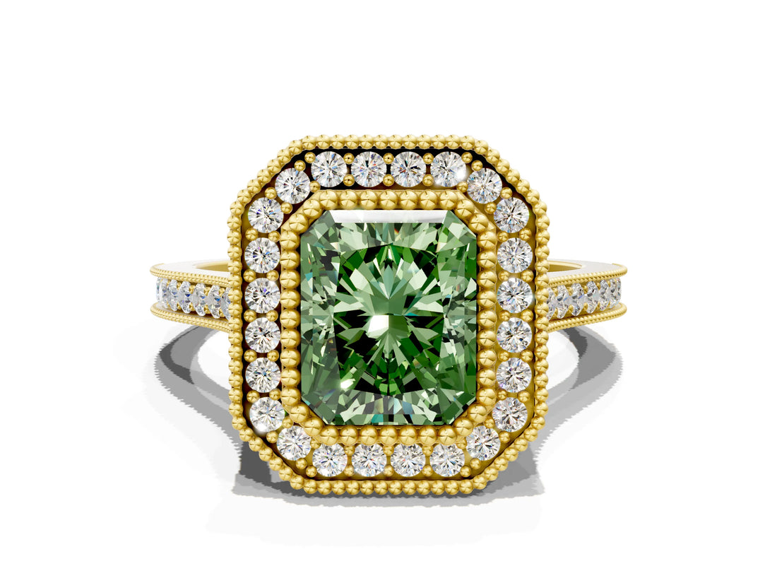 Yellow gold Fancy Green Radiant  Diamond Halo Ring with Milgrain Frame and Pavé Band_77