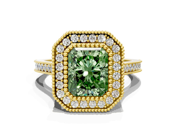 Yellow gold Fancy Green Radiant  Diamond Halo Ring with Milgrain Frame and Pavé Band