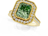 Yellow gold Fancy Green Radiant  Diamond Halo Ring with Milgrain Frame and Pavé Band_78
