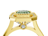 Yellow gold Fancy Green Radiant  Diamond Halo Ring with Milgrain Frame and Pavé Band_81