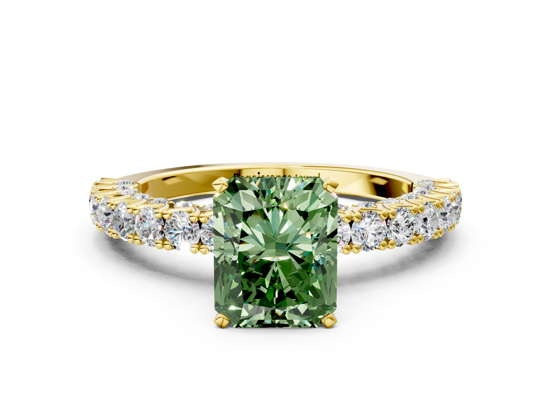 Yellow gold Fancy Green Radiant  Diamond Pavé Band Solitaire Ring with Four-Prong Setting_45