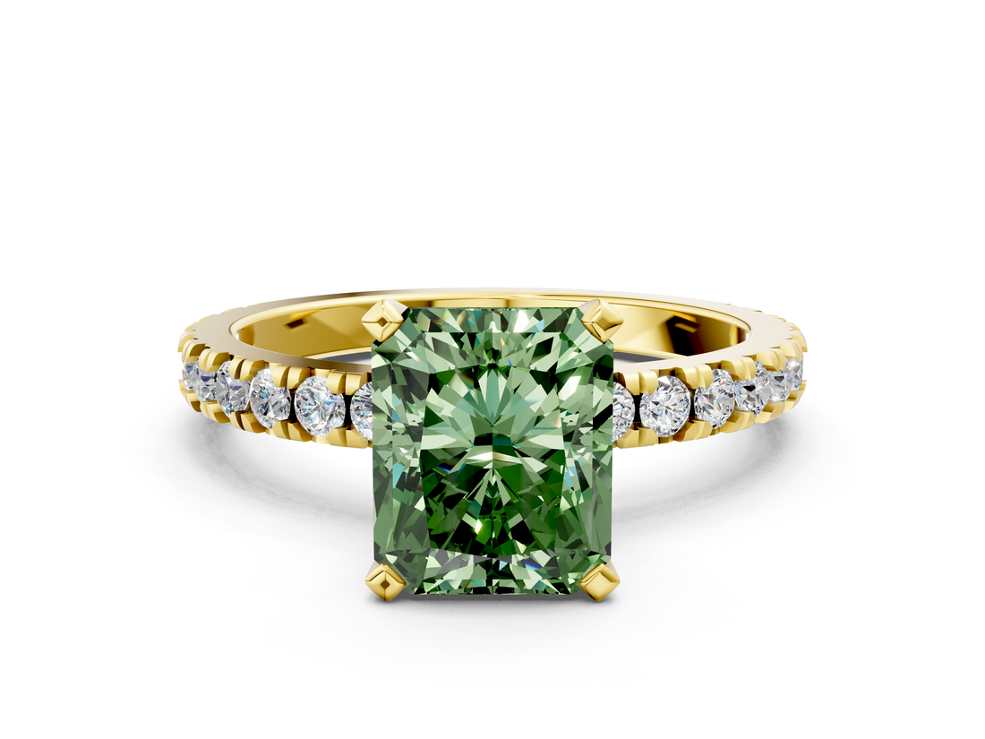 Yellow gold Fancy Green Radiant  Diamond Pavé Band Solitaire with Four-Prong Setting_121