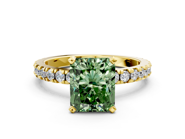 Yellow gold Fancy Green Radiant  Diamond Pavé Band Solitaire with Four-Prong Setting