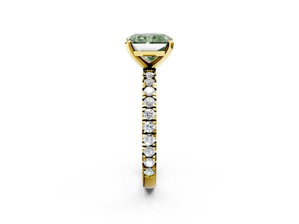 Yellow gold Fancy Green Radiant  Diamond Pavé Band Solitaire with Four-Prong Setting