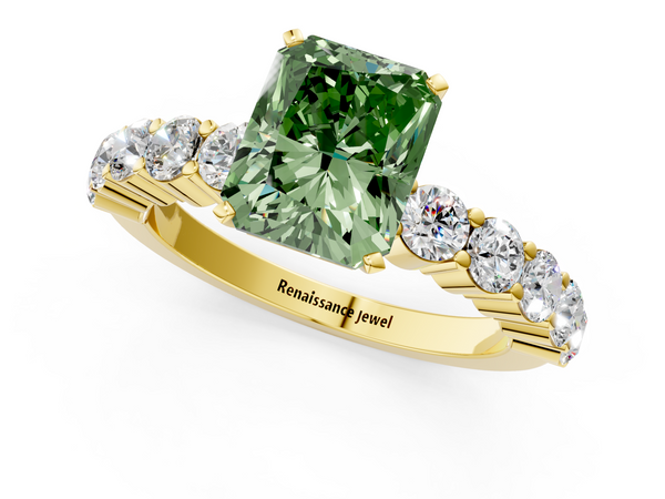 Yellow gold Fancy Green Radiant  Diamond Solitaire Ring with Shared Prong Round Side Stones