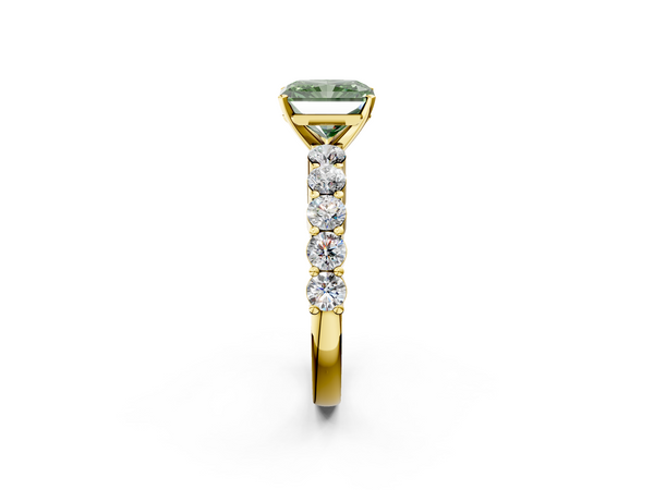 Yellow gold Fancy Green Radiant  Diamond Solitaire Ring with Shared Prong Round Side Stones