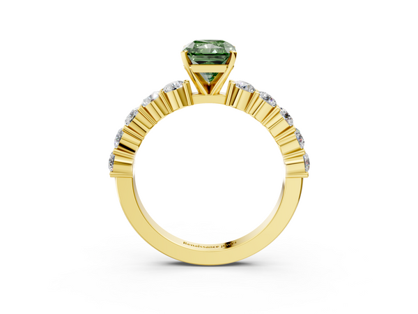 Yellow gold Fancy Green Radiant  Diamond Solitaire Ring with Shared Prong Round Side Stones