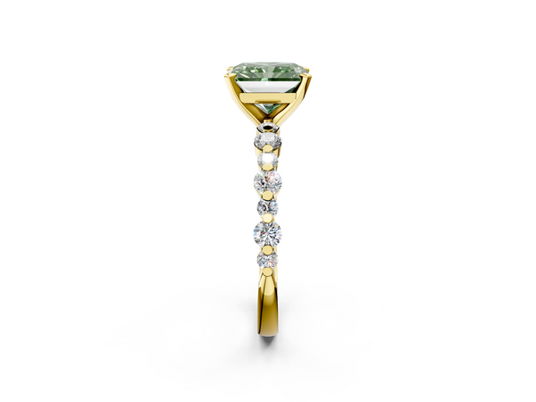 Yellow gold Fancy Green Radiant Cut Diamond Prong Set Engagement Ring with Pavé Band