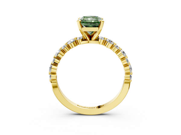 Yellow gold Fancy Green Radiant Cut Diamond Prong Set Engagement Ring with Pavé Band