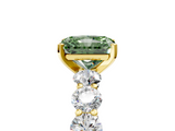 Yellow gold Fancy Green Radiant  Diamond Prong Setting with Side Stones on a Pave Band_131