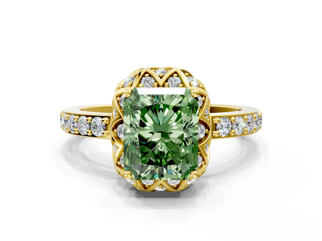 Yellow gold Fancy Green Radiant  Diamond Solitaire Ring with Shared Prong Pavé Band_67
